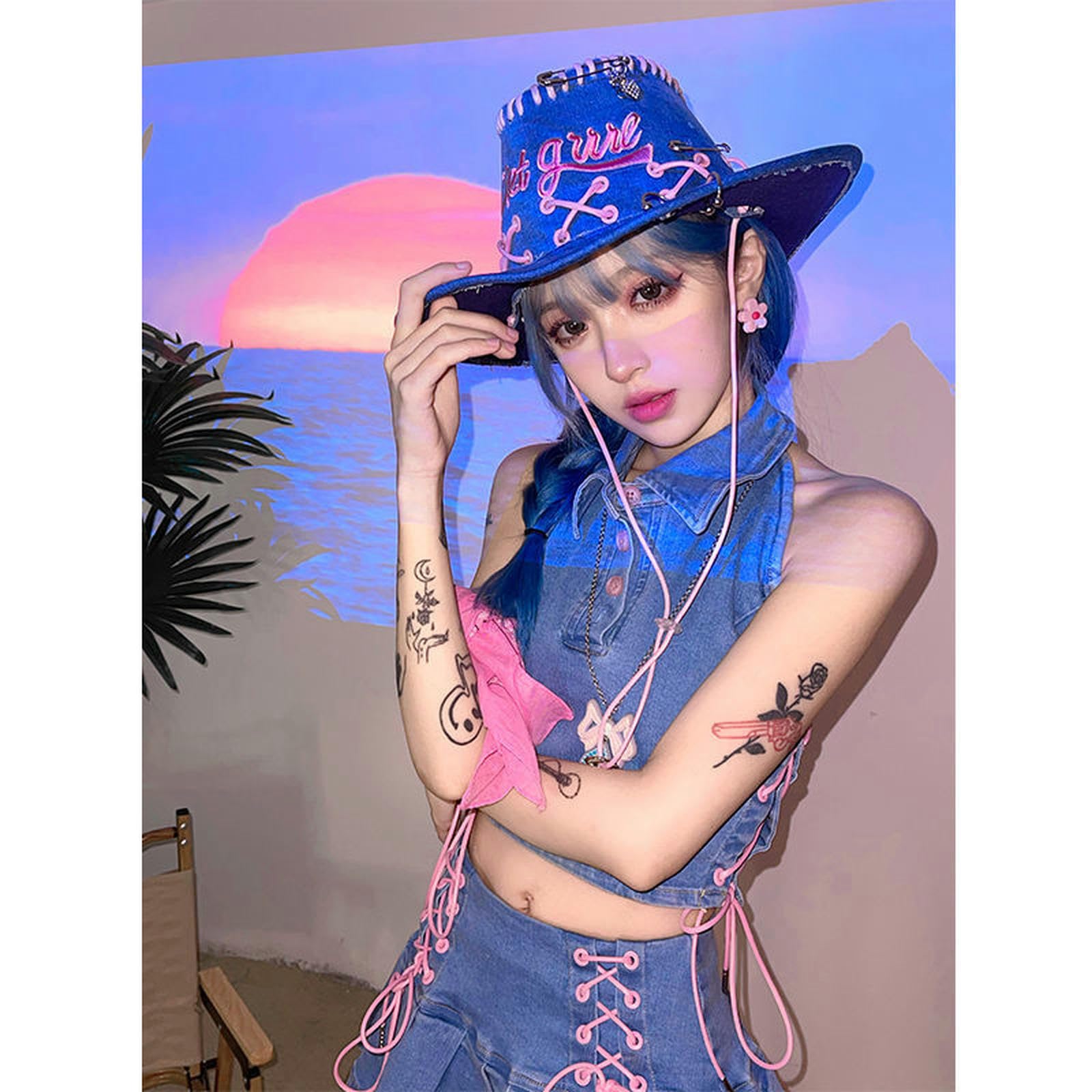 Falda Y2k Verano Nueva Minifalda Denim Sólido Top Sin Mangas E-Girl Kawaii Cintura Alta con Cordones Falda Plisada Traje Estética De Los Años 90-Azul Claro -M