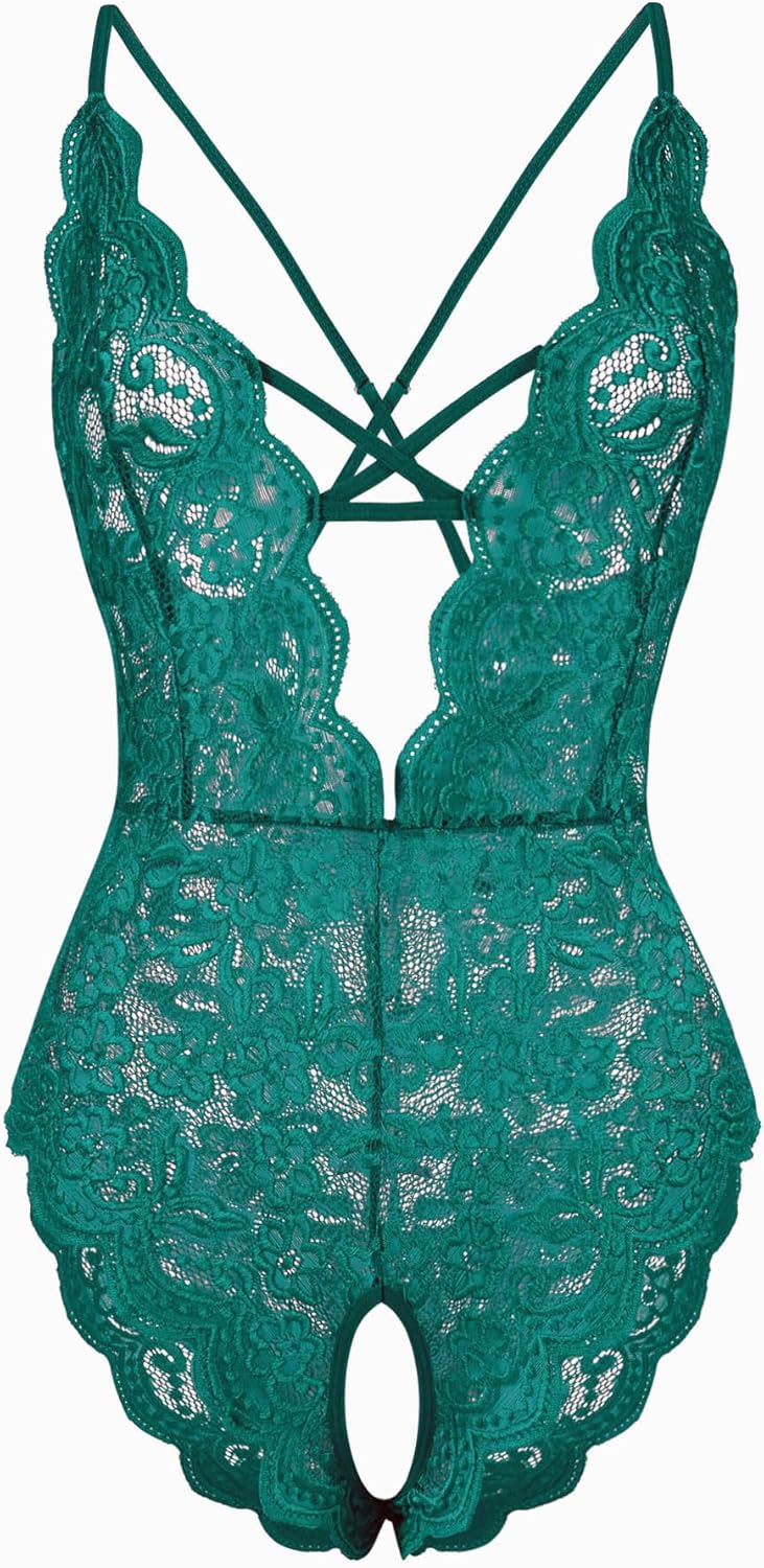 Fem&Fata Women's One Piece Lingerie Sexy Lace Teddy Deep V Bodysuit Underwear S-XXL