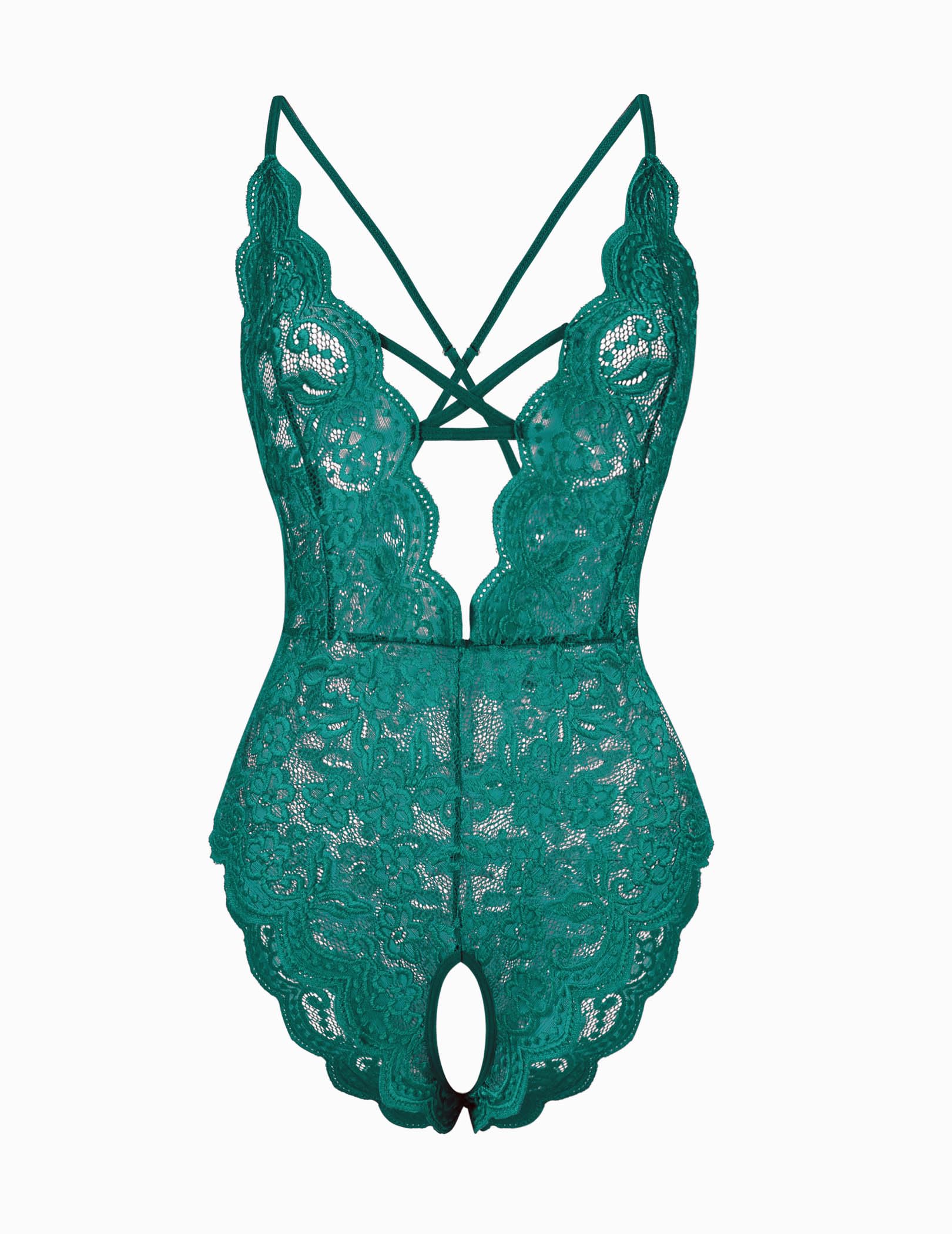 Fem&Fata Women's One Piece Lingerie Sexy Lace Teddy Deep V Bodysuit Underwear S-XXL: Medium Dark Green