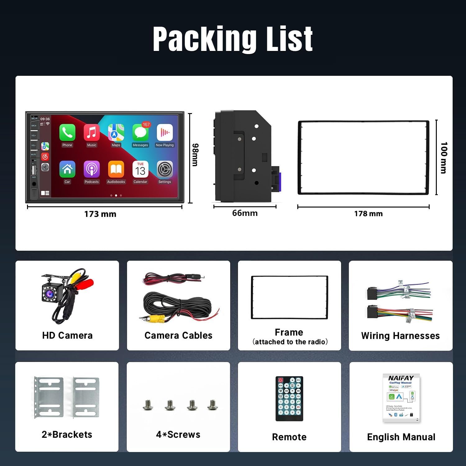 Naifay Double Din Car Stereo with Wireless Apple Carplay Android Auto, 7inch Touchscreen Car Radio with Bluetooth, Car Audio Receivers, Backup Camera, Mirrorlink, FM, SWC, GPS, USB/AUX/TF/Subwoofer