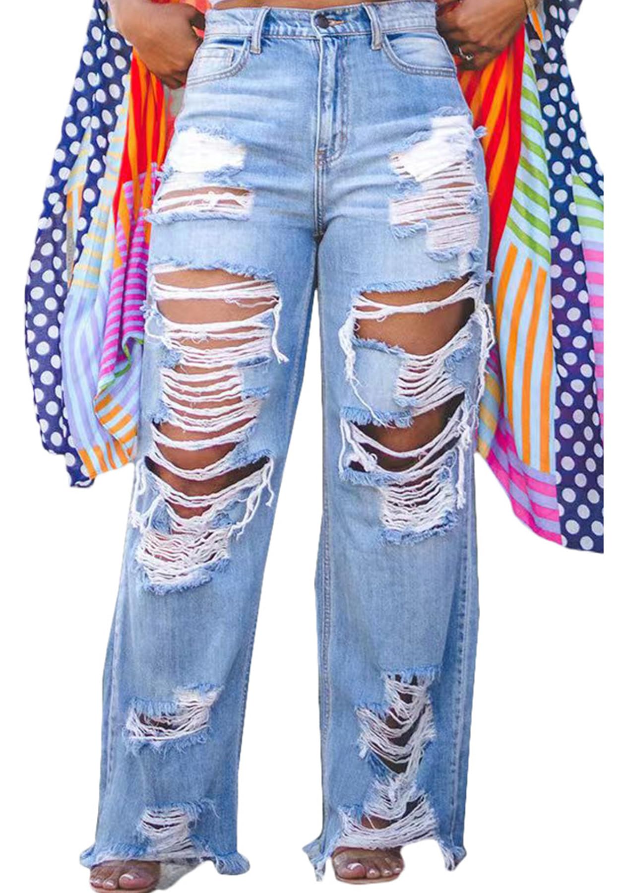 Ptorlio Women's Ripped Jeans Y2k Straight Wide Leg High Waisted Jean Distressed Baggy Denim Pants