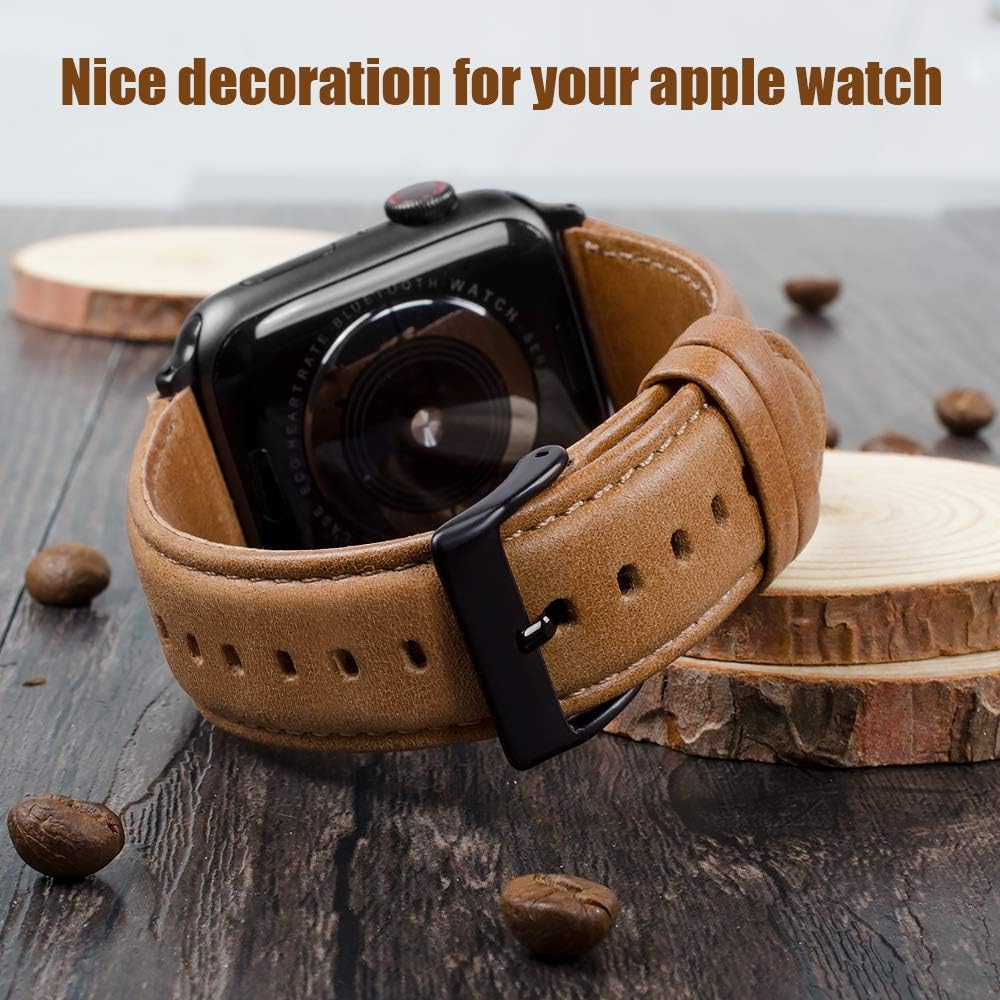 top4cus Compatible with 38mm/40mm Genuine Leather Band iwatch Strap Apple Watch Series 6 Series SE Series 5 Series 4 Series 3/2/1 and Sport Edition, Stainless Metal Clasp (38mm, Matte Yellow Brown)