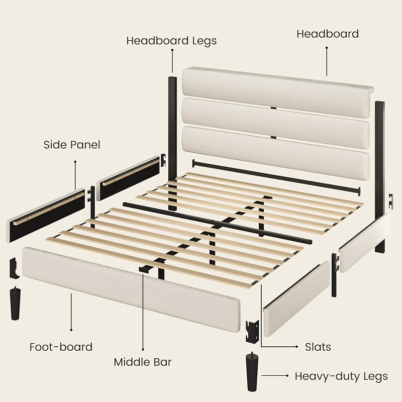 Fluest Queen Bed Frame, Platform Bed Frame with Velvet Upholstered Headboard, No Box Spring Needed, Sturdy Metal Support, Noise Free, Easy Assembly, Modern Bedroom Furniture, Beige image 6
