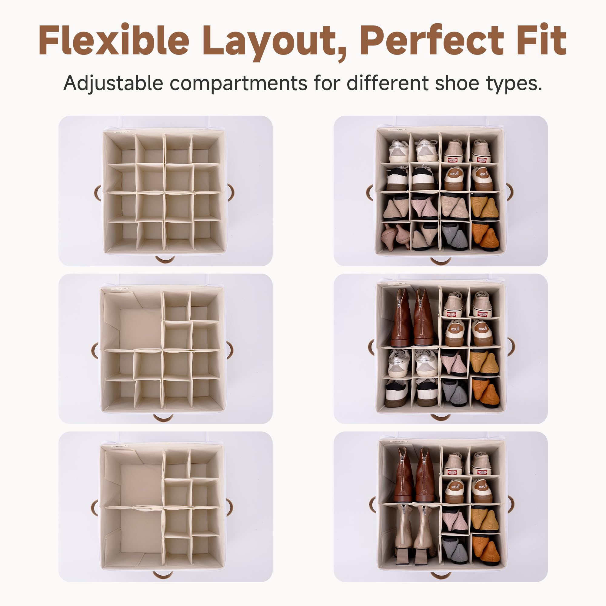 StorageWorks Organizer na buty do szafy 43 x 43 x 32 cm – pojemnik na buty mieszczący do 16 par, materiałowy organizer z regulowanymi przegrodami i przezroczystą pokrywą, beżowo-kremowy