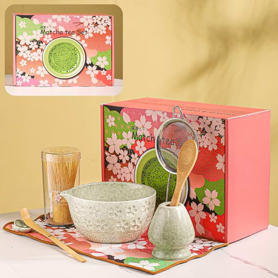 DWEHIXBUY Conjunto Para Cerimônia Matcha De 8pç - Kit De Chá Com Tigela Em Formato De Flor De Cerejeira, Batedor De Bambu, Colheres De Madeira, Pano De Chá E Decoração Floral -cx Rosa Cerejeira
