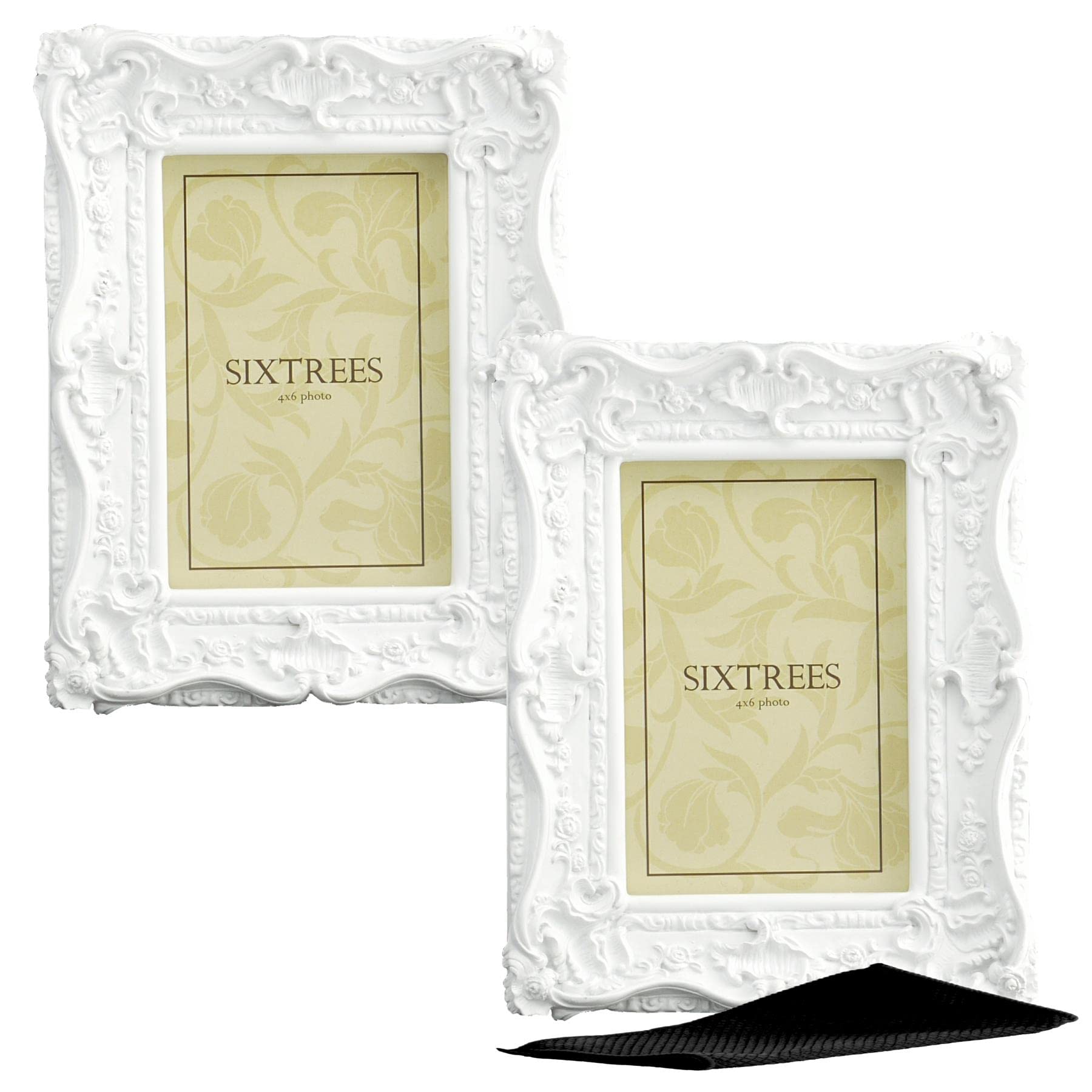 A Twinpack of Sixtrees Chelsea 5-254-46 Ornate Vintage Swept Shabby Chic White 6x4 inch Photo frames - with Microfibre glass cleaning cloth.