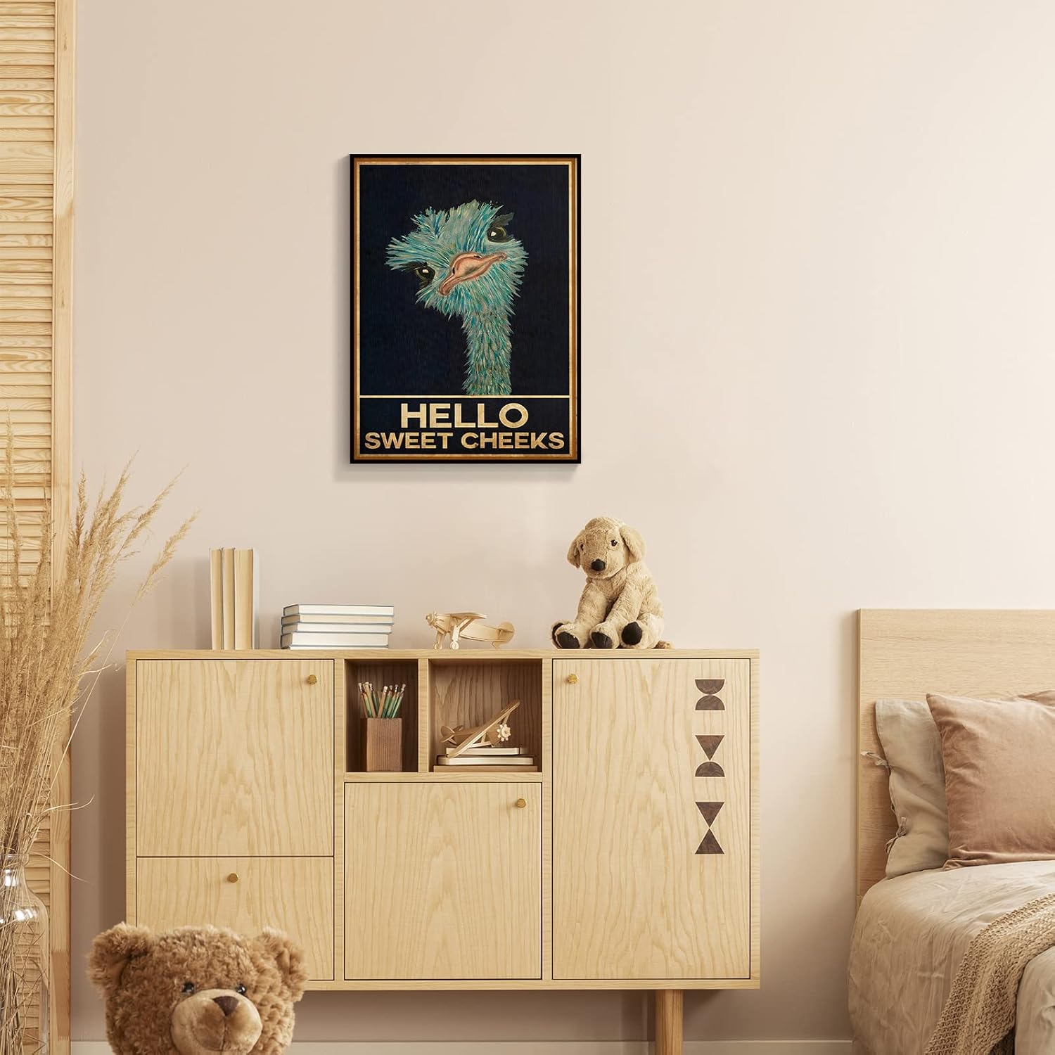 Adyggefy Framed Vintage Funny Animal Bathroom Canvas Wall Art Rustic Cute Ostrich Hello Sweet Cheeks Quotes Aesthetic Posters Modern Trendy Animals Pictures Retro Comical Toilet Prints 12x16in