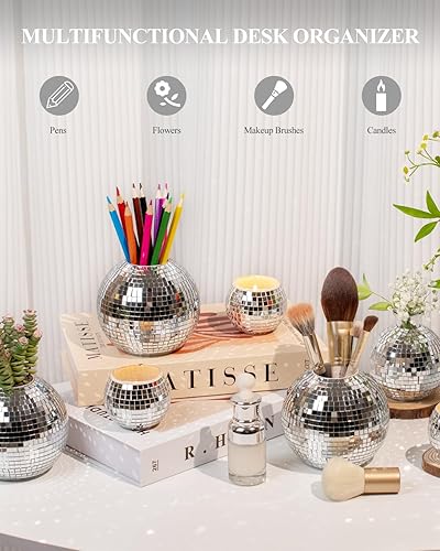 Miniatura 5 de Portalápices de bola de disco para escritorio, organizador de bolígrafos y brochas de maquillaje con lentejuelas plateadas, accesorios de discoteca