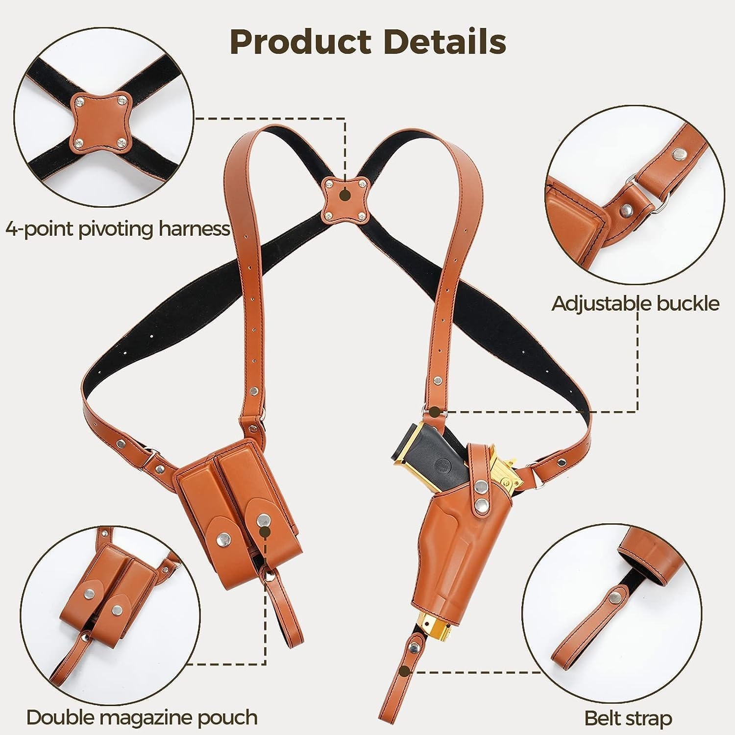 Shoulder Holster General Vertical Gun Holster Adjustable PU Leather for Concealed Carry with Double Magazine Pouch - Fit 1911, Glock 17/19/23 and Most Kinds of Pistols- for Right Hand Use