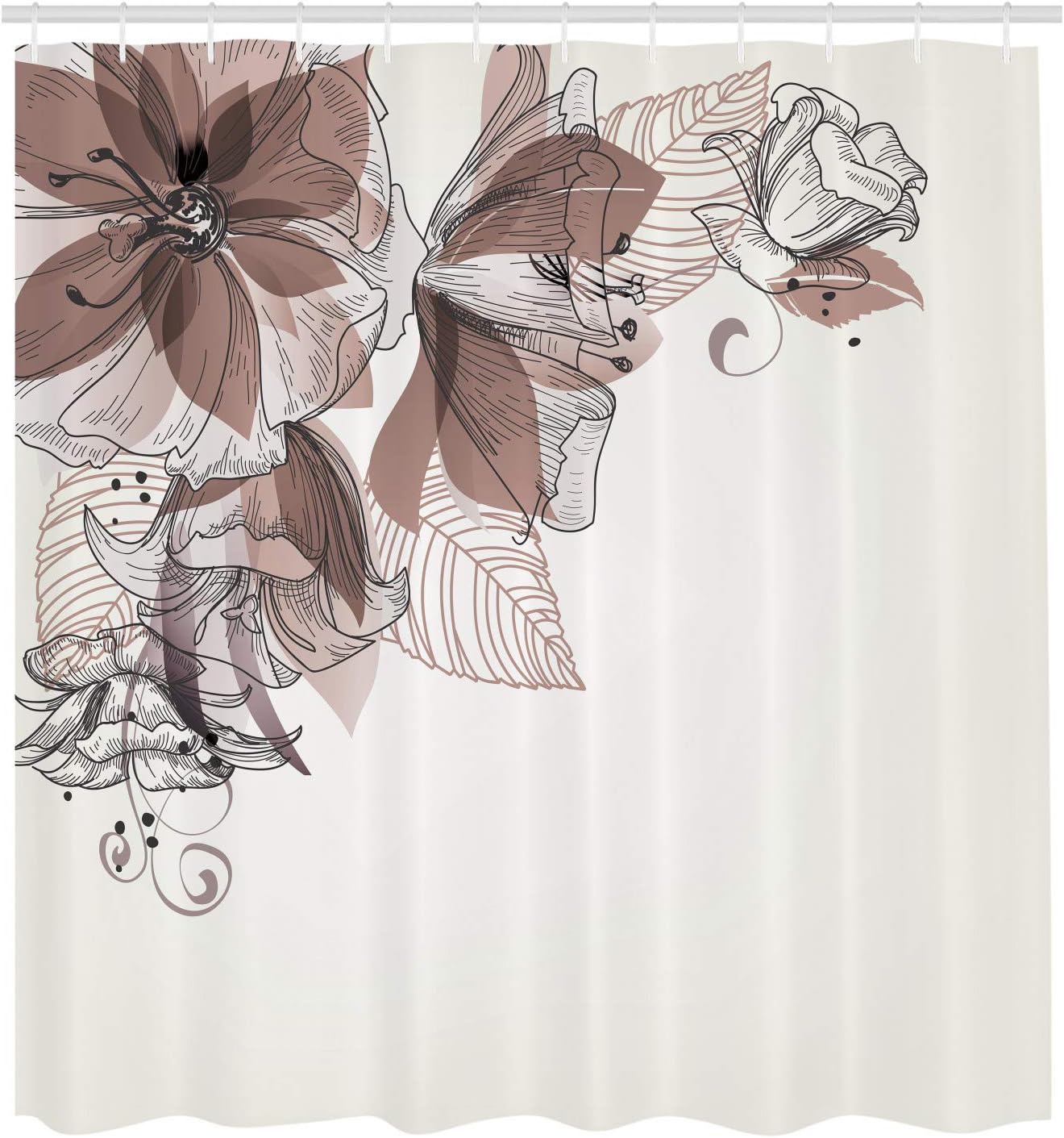 Ambesonne Flowers Shower Curtain, Buds Leaf at The top Left Corner Season Celebrating Theme Illustration, Cloth Fabric Bathroom Decor Set with Hooks, 69" W x 75" L, Dark Warm Taupe White