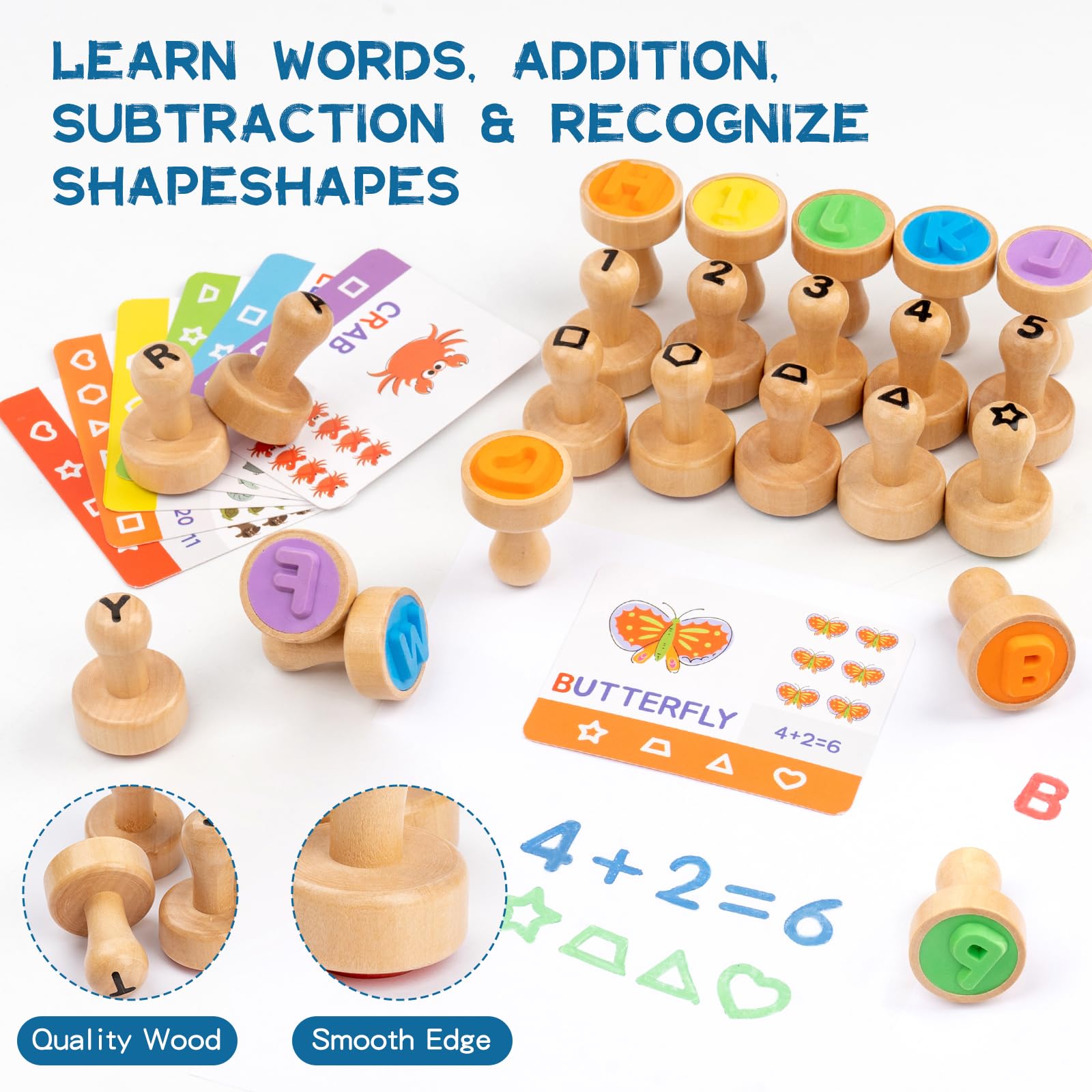 Sellos de números del alfabeto para niños, juego de sellos de letras de ortografía ABC de madera con tarjeta, matemáticas, aprendizaje de números, suministros de artes y manualidades, regalos de 5