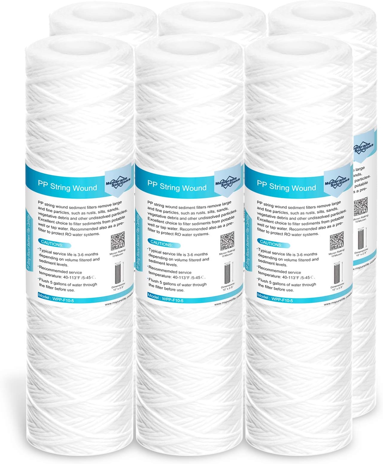 10 Micron 10"x2.5" String Wound Whole House Water Filter Replacement Cartridge Universal Sediment Filters for Well Water - 6 Pack