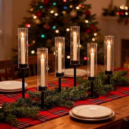 Juego de 6 portavelas de huracán color negro, de metal alto y resistente al viento, centros de mesa para exteriores e interiores para bodas,