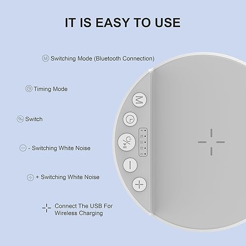 Miniatura 5 de Máquina de sonido con cargador inalámbrico y altavoz Bluetooth, máquina de ruido blanco con función de memoria, 6 sonidos relajantes, 3 modos de