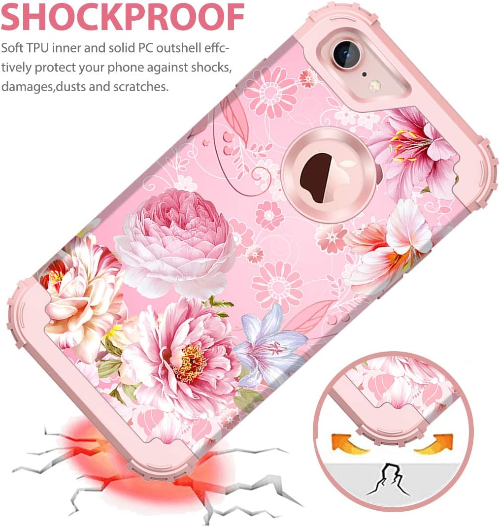 Hekodonk for iPhone 8/7 Case,Floral Heavy Duty Shockproof Protection Hard Plastic+Silicone Rubber Hybrid Protective Case for Apple iPhone 8 / iPhone 7 Pink Flower