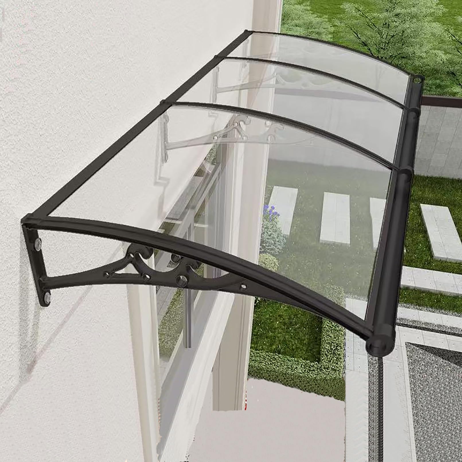 LWJSOCP Transparent Polycarbonate Door Canopy with Gutter Outdoor Window Awning Rain and Snow Protection for Entrance and Balcony 80x120cm Weatherproof Shelter