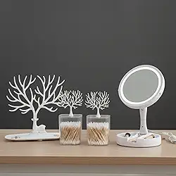 Kit Espelho Facial com LED Articulável para Maquiagem Com Aumento 10x Dupla Face + Porta Joias Organizadora Árvore + Porta Algodão e Cotonete Acrílico com Tampa. (BRANCO)