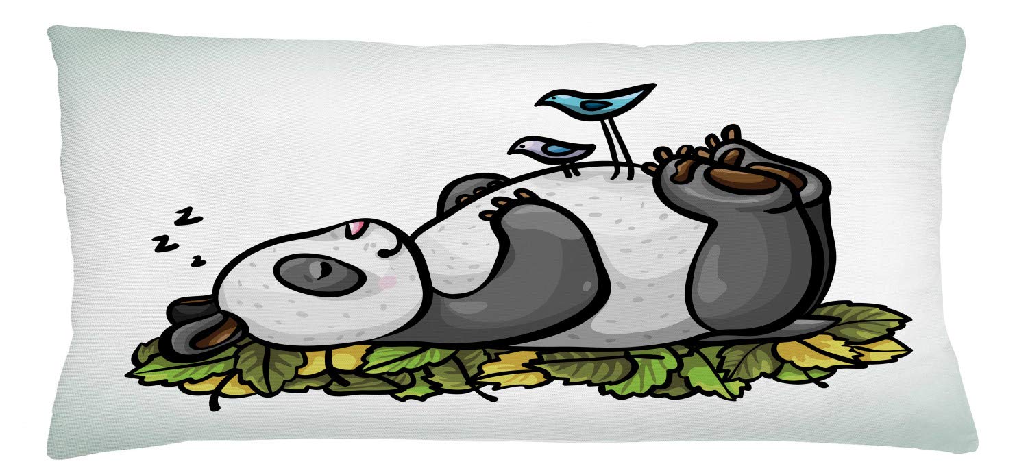 Lunarable Funny Throw Pillow Cushion Cover, Sleeping Panda Bear and Birds on Her Belly Childish Friend Nature Animal Cartoon, Decorative Rectangle Accent Pillow Case, 36
