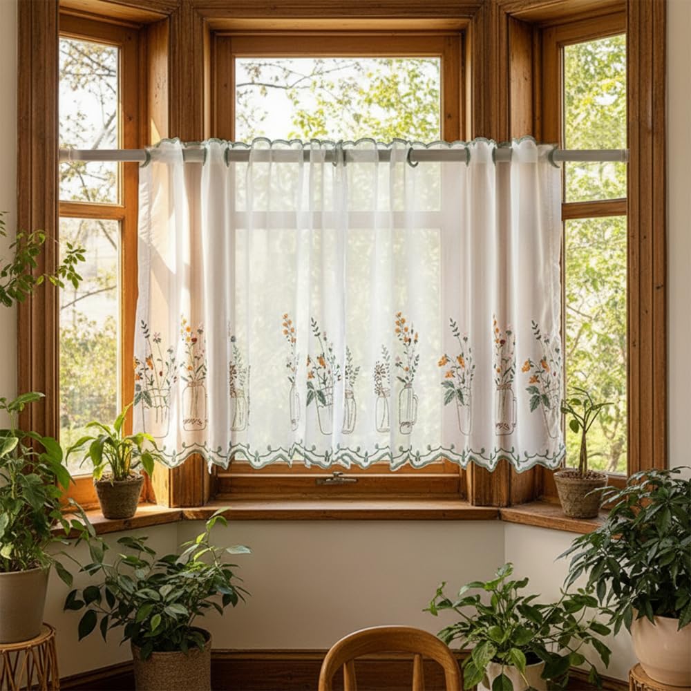 CARPJZ Embroidered Floral Tier Curtain, Rod Pocket Semi Sheer Half Window Panel, Light Filtering Privacy Vintage Farmhouse Short Drape for Kitchen Bathroom