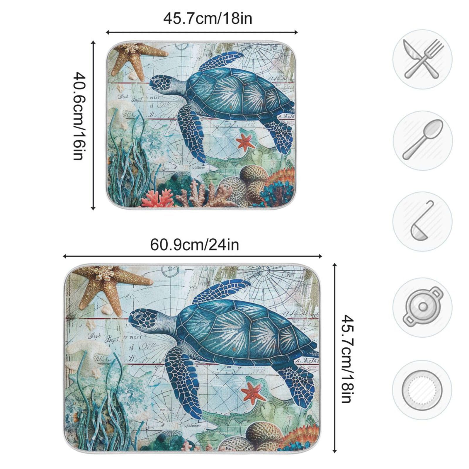 Nautical Ocean Sea Turtle Dish Drying Mat for Kitchen Counter 18x24 in Starfish Retro Map Microfiber Drying Mats Absorbent Reversible Dish Pad Large Dish Draining Mat Fast Dry Kitchen Accessories