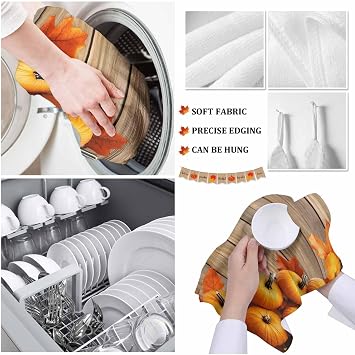 Fall Pumpkins Kitchen Towels, Absorbent Microfiber Kitchen Dish Hand Tea Bath Towel, Thanksgiving Orange Maple Brown Wooden Grain Quick Dry Cleaning Cloth Dishclothes Decorative Sets, (2-PC, 18x28)