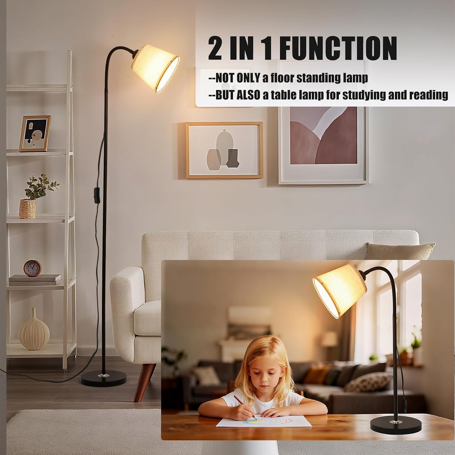 Floor Lamp, Industrial Metal Floor Lamps for Living Room with Adjustable Bendable 2 in 1 Reading Table Lamps for Living Room Bedroom Office (B+Linen)