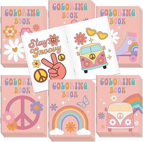 24 libros para colorear Groovy, a granel, bohemio, arco iris, hippie, autobús, patrón de flores retro, dibujo a mano para regalos de fiesta de
