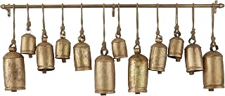 Deco 79 Metal Decorative Cow Bells Tibetan Inspired with 12 Bells on Jute Hanging Ropes and Rod, 48" x 6" x 20", Gold