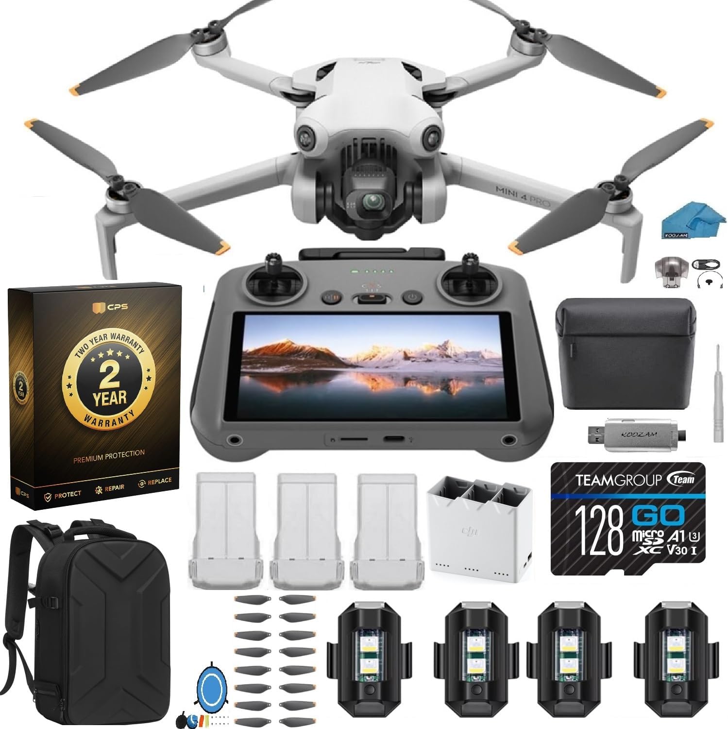 Mini 4 Pro Folding Drone with RC 2 Screen Remote Fly More Combo, 4K HDR Camera, Under 249g, Omnidirectional Sensing, 3 Batteries Bundle with 128GB SD Card, Strobe Lights & More