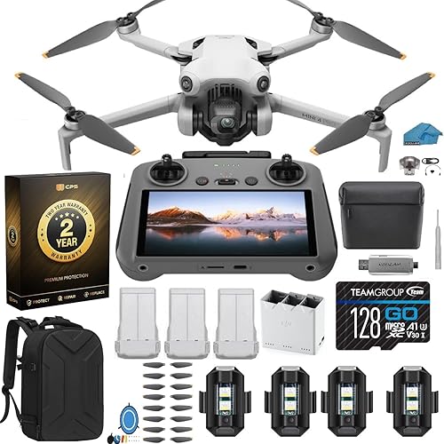 DJI Mini 4 Pro Folding Drone with RC 2 Remote (With Screen) Fly More Combo, 4K HDR Video Camera for Adults, Under 249g, Omnidirectional Sensing, 3 Batteries Bundle with 128 gb SD Card Strobe Lights and More with 2 Year extended Warranty