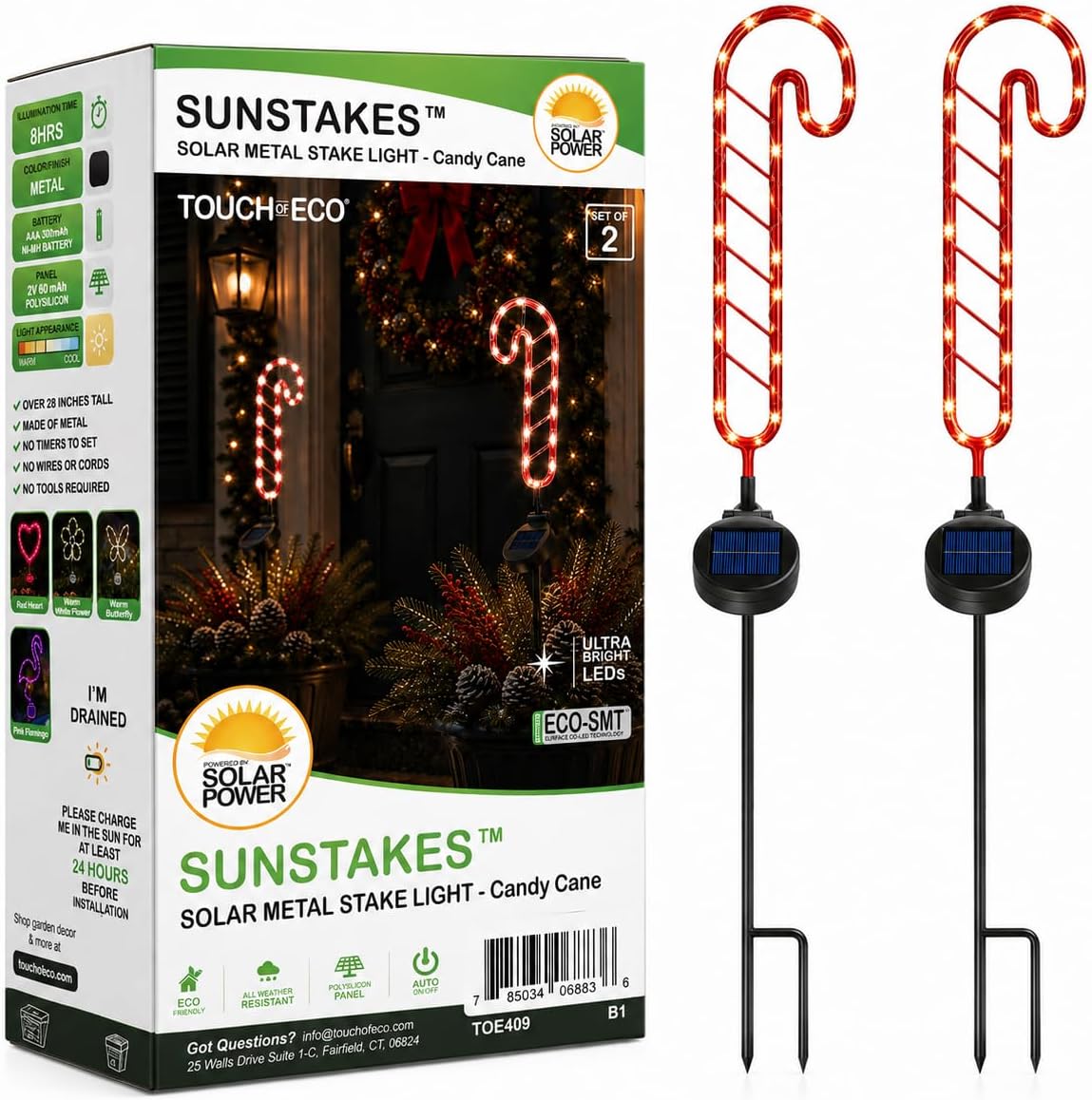 Solar Candy Cane Stake Lights, 2 Pack Outdoor Christmas Decor Touch Of ECO