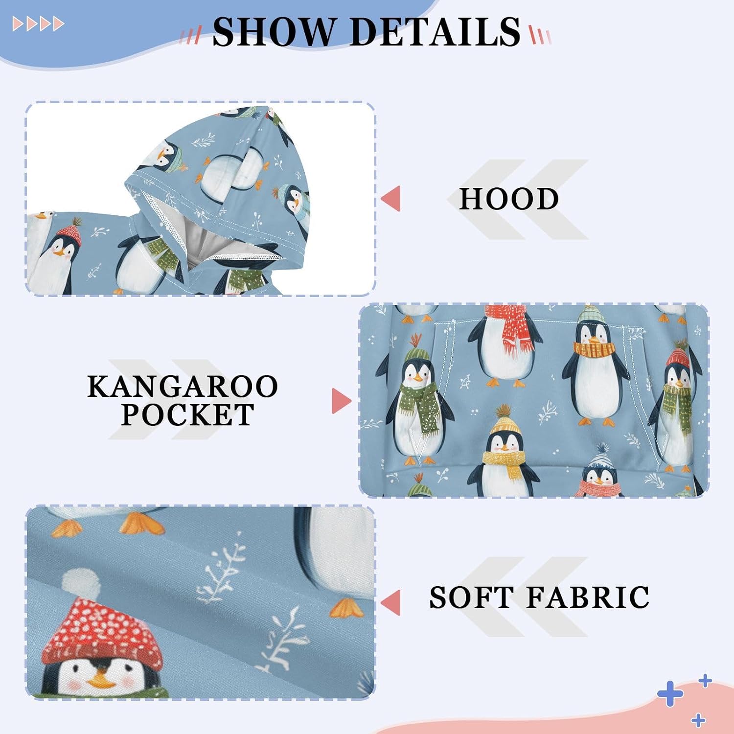 ZZXXB Colorful Penguin Kids Sweatshirts Boys Girls Hooded Kangaroo Pocket Pullover Tops XS-XXL