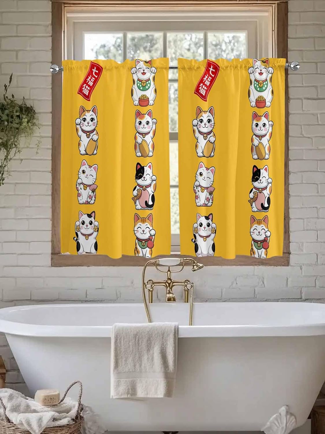 Lucky-Cats Kitchen Curtain 54 Inch Length, Small Short Cafe Tiers Curtains Drape, 2 Panel Window Treatment Rod Pocket Drapery Panels Curtains Japanese Noren Colored Traditional Asian Yellow 84x54