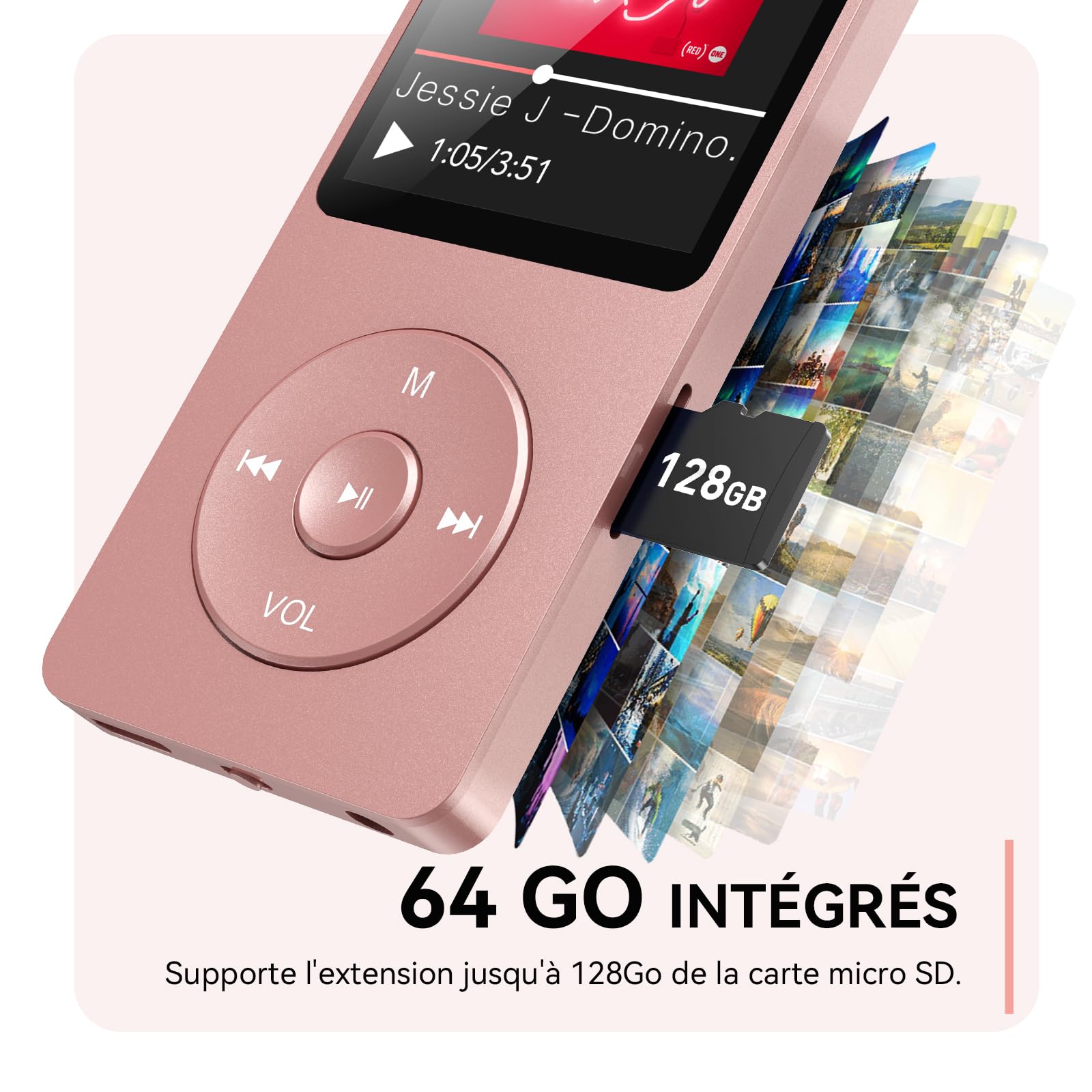 AGPTEK Lecteur MP3 Classique 64Go, Autonomie 70 Heures, Léger 30g, Hi-Fi, Baladeur Sport Enfant Adulte, Carte TF 128G - Rose