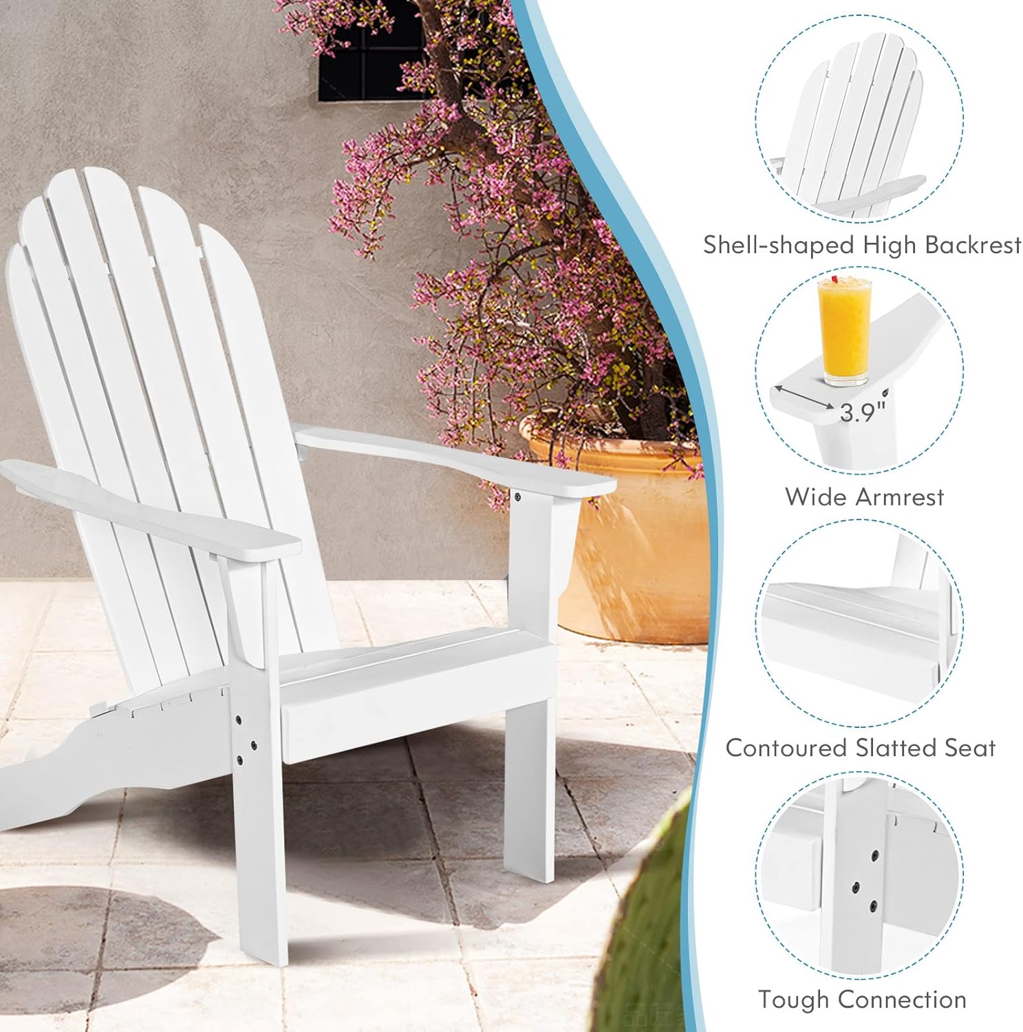 RELAX4LIFE Adirondack Chair, Acacia Wood Adirondack Lounge Chair, Weather Resistant Outdoor Chair for Patio Garden Yard Porch Deck, 350 LBS Weight Capacity, Wooden Fire Pit Chairs (1, White)