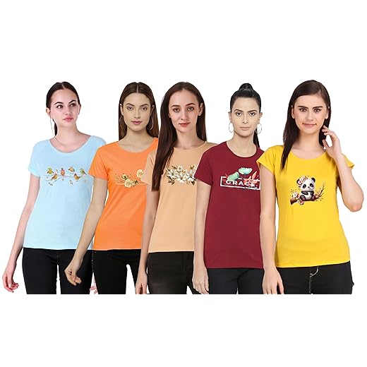 NIVIK Cotton T-Shirts for Summer | Printed, Cotton Tops & T-Shirts. Combo of 5 Tops for Women & Girls