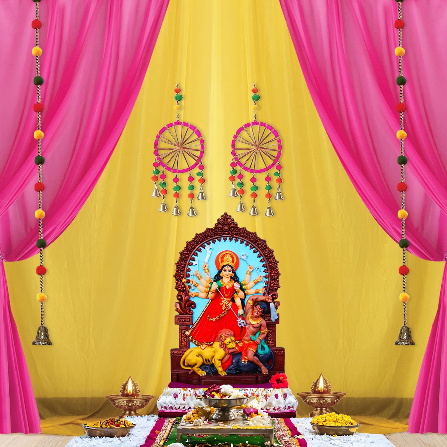 Party Propz Backdrop For Decoration with Pom Pom Hanging, Navratri, Diwali Decoration Items For Home Decor, Haldi Decoration Items For Marriage, Backdrop For Pooja Decoration(Satin)(Pink,Yellow)(12Pc)