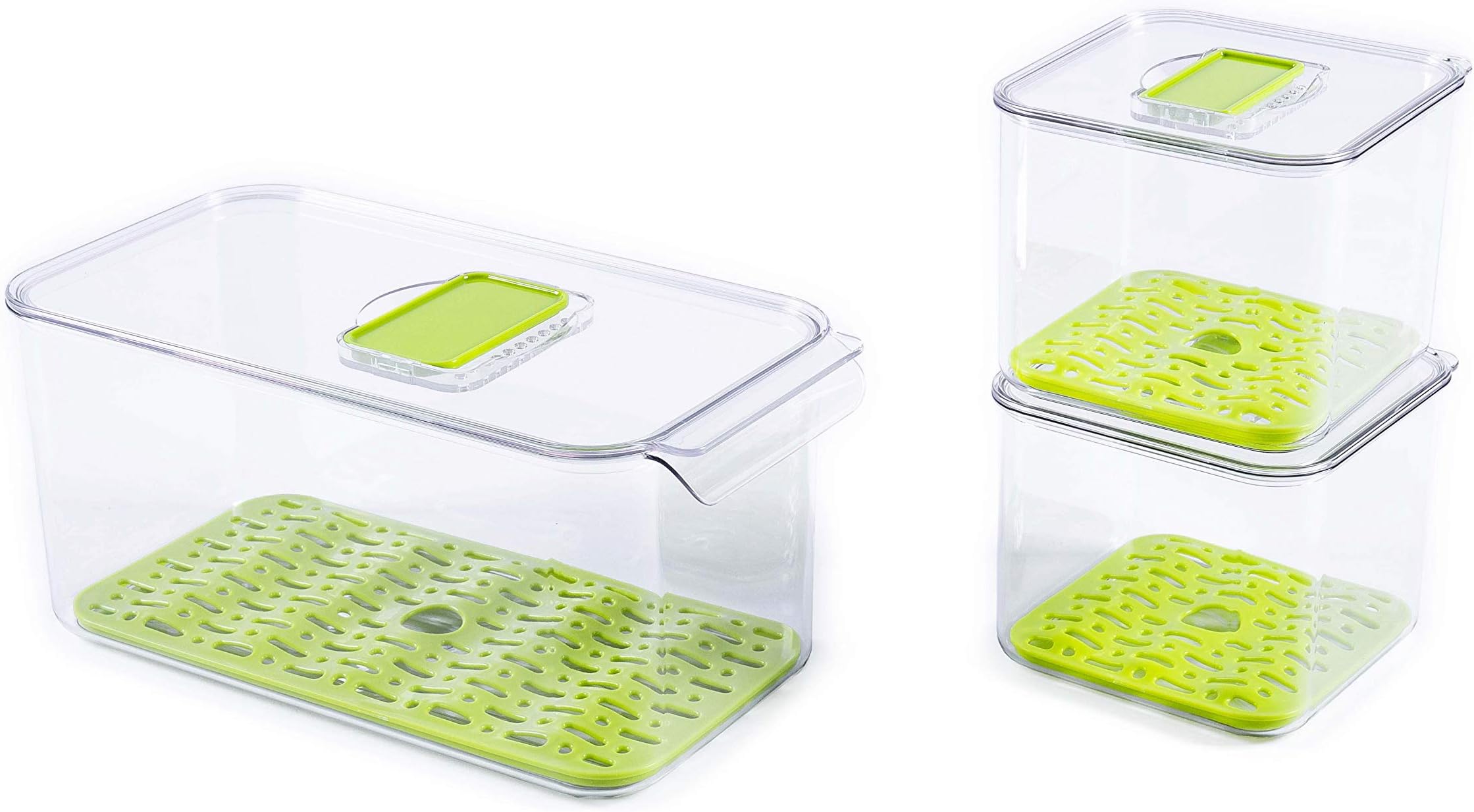 Slideep Food Storage Containers Fridge Produce Saver, Stackable Refrigerator Organizer Keeper with Removable Drain Tray for Produce, Fruits, Vegetables Green