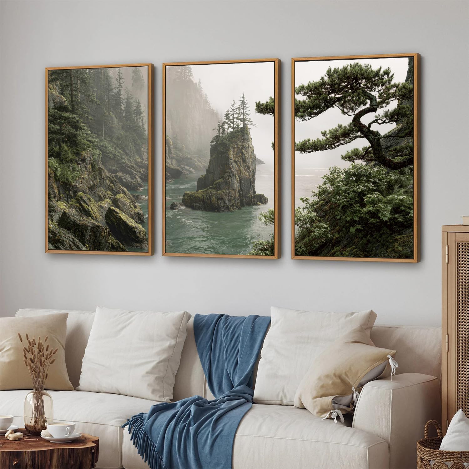 Rantodecor Coastal Forest Framed Canvas Wall Art, Pacific Northwest Coast landscape Wall Decor, Nature PNW Mountain Sea Art Paintings, Sage Green Pine Artwork for Bedroom Living Room Office 16"x24"x3