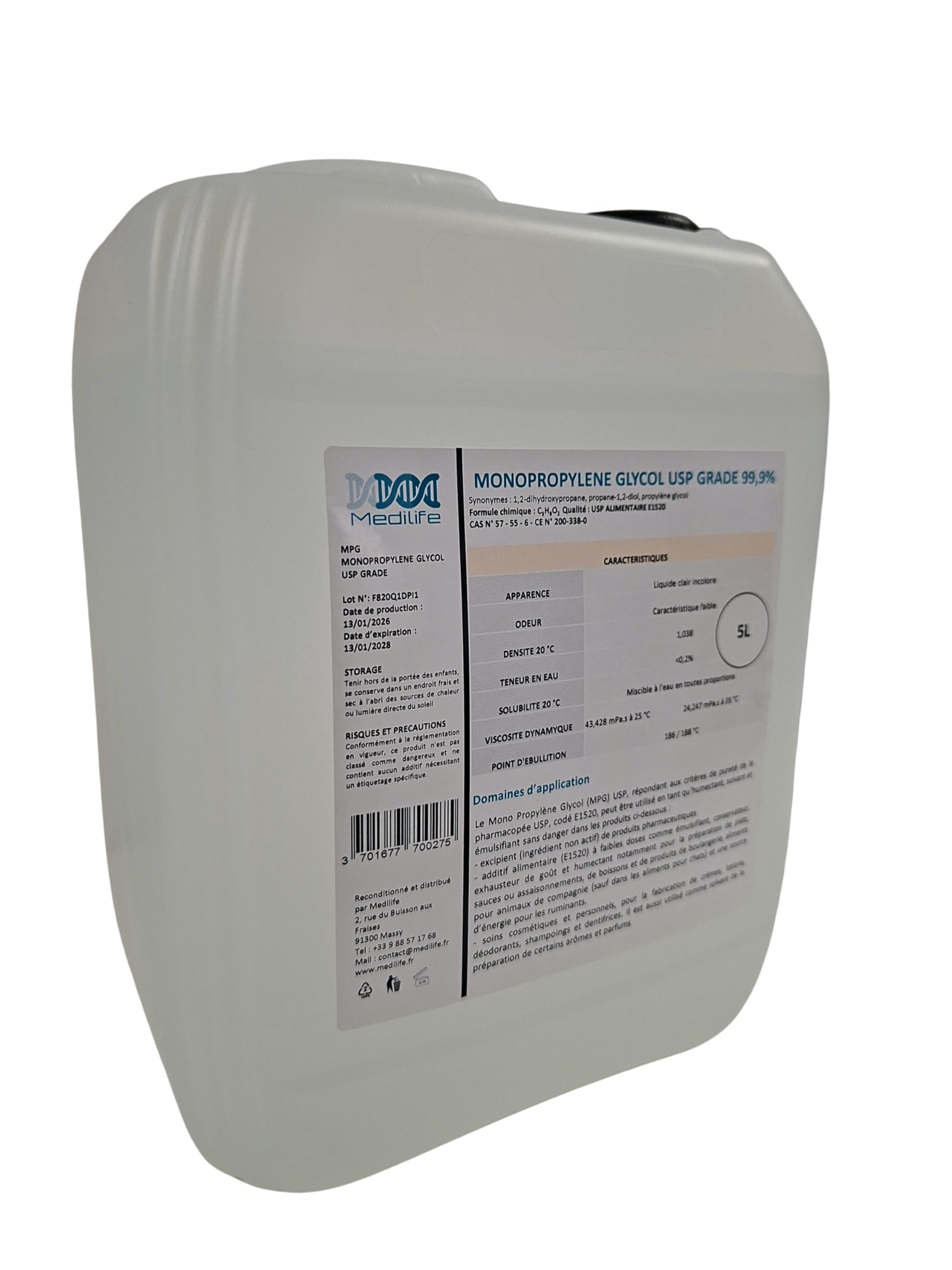 5 kg Mono Propylène Glycol (MPG) USP Alimentaire Grade 99.98%