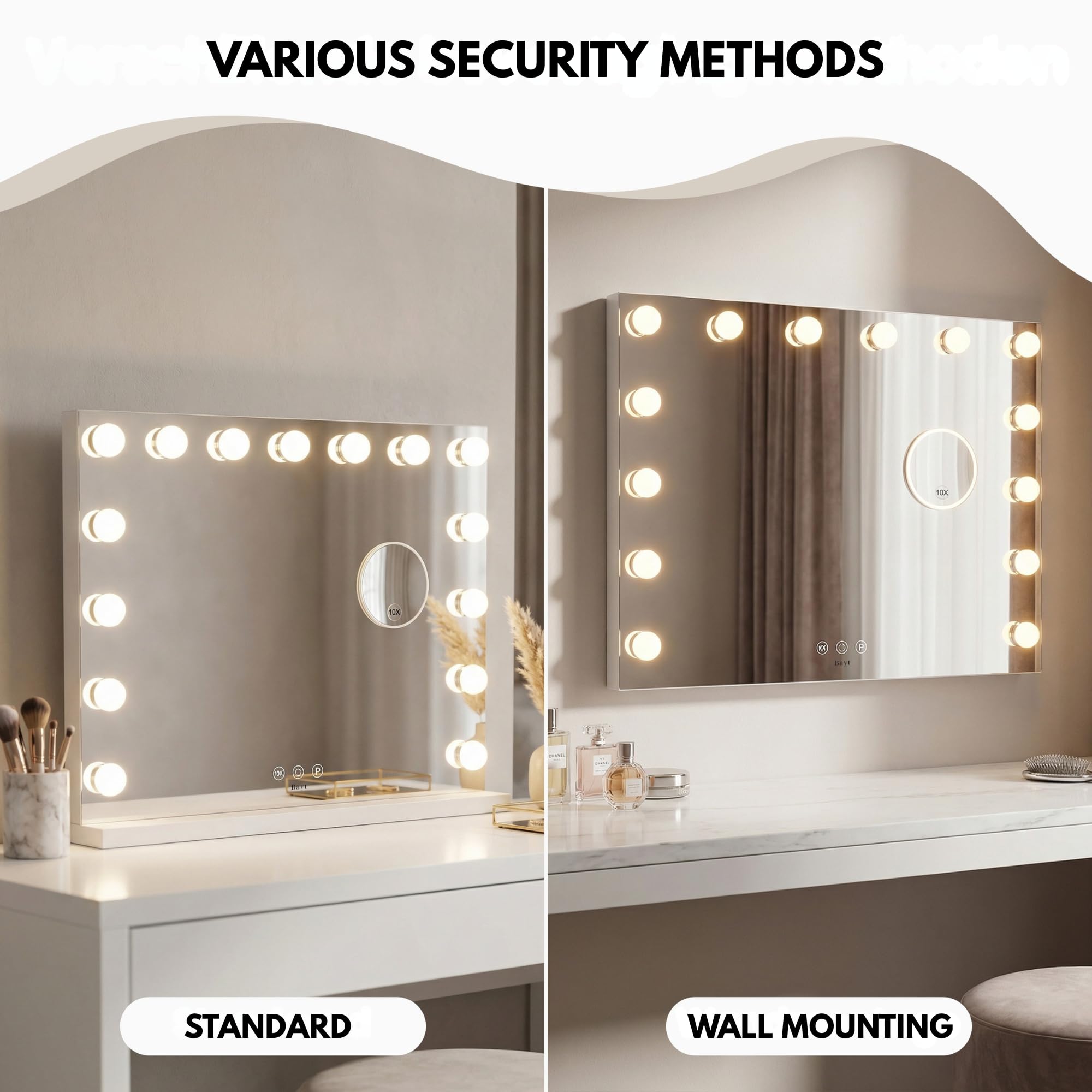Bayt Specchio Hollywood con luci LED – Specchio Trucco Bianco 58x46 cm con 15 Lampadine Dimmerabili, 3 Tonalità di Luce (calda, fredda, naturale), Touch Screen & Specchietto Ingranditore 10x