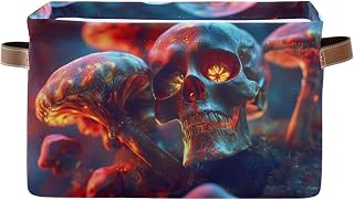 Neon Skull Mushroom Open Home Storage Bins - Canvas Outside with PU Leather Handles, Waterproof Fabric Lining,Collapsible Cube Storage Bins for Bedroom, Closet, 14.2 x 10.2 x 8.3