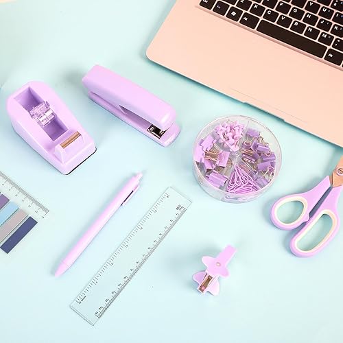 Miniatura 7 de EOOUT Juego de 9 accesorios de escritorio morados, juego de suministros de oficina, grapadora y dispensador de cinta para mujeres con grapadora,