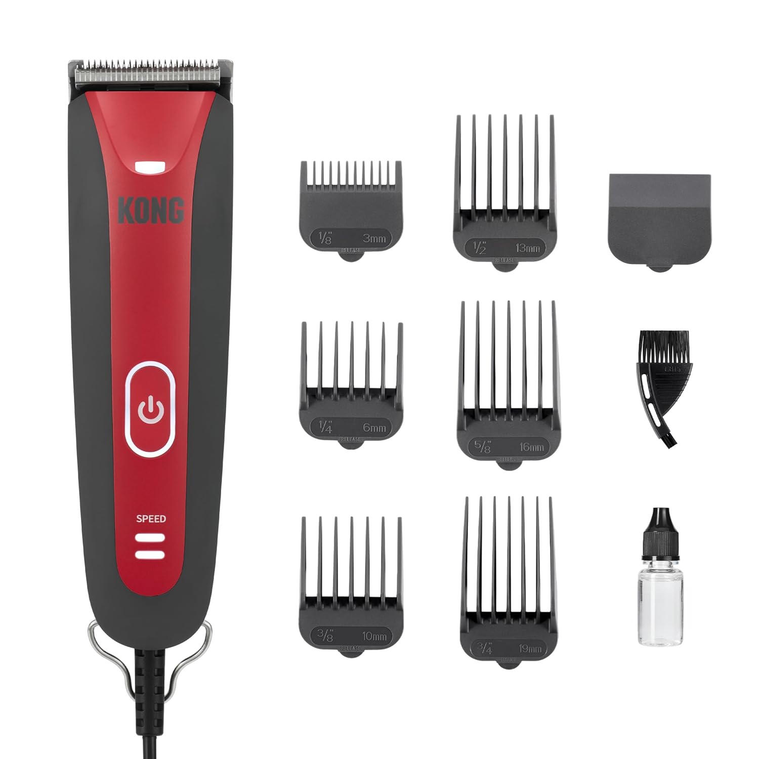 KONG 2-Speed Dog Clipper Grooming Kit  Stainless Steel Blade, Waterproof, LED Spotlight, 6 Guide Combs, 8-Foot Cord, Ergonomic Handle  Red/Gray, Medium Coat Types