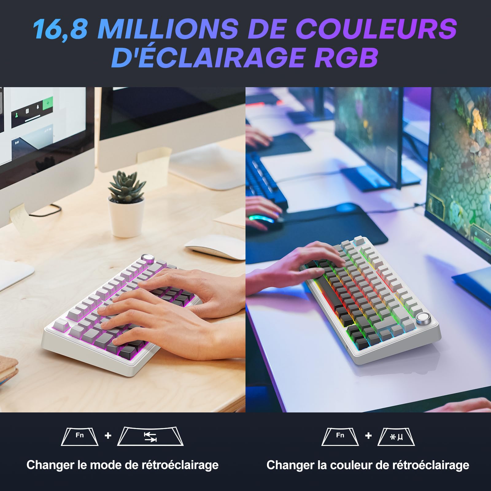 TECURS 75% Gasket Clavier Gamer sans Fil Tri Mode 2.4Ghz/BT5.0/Filaire - Clavier Mécanique Switch Rouges RGB, Hot Swap Personnalisé, Gravur Latéral, Touches PBT, Molette Knob - AZERTY FR - Windows/Mac