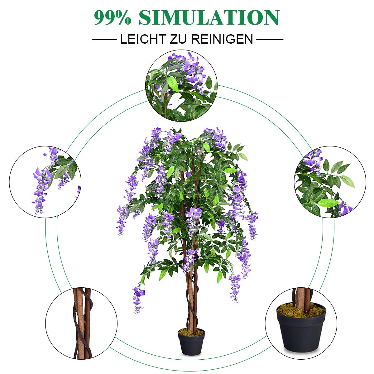 GOPLUS Planta Artificial Ficus Benjamin/Wisteria árbol/Phoenix Palm, árbol Artificial con Flores de 150 cm de Alto, Plantas Artificiales en Maceta, Plantas de Interior Artificiales harina de plástico