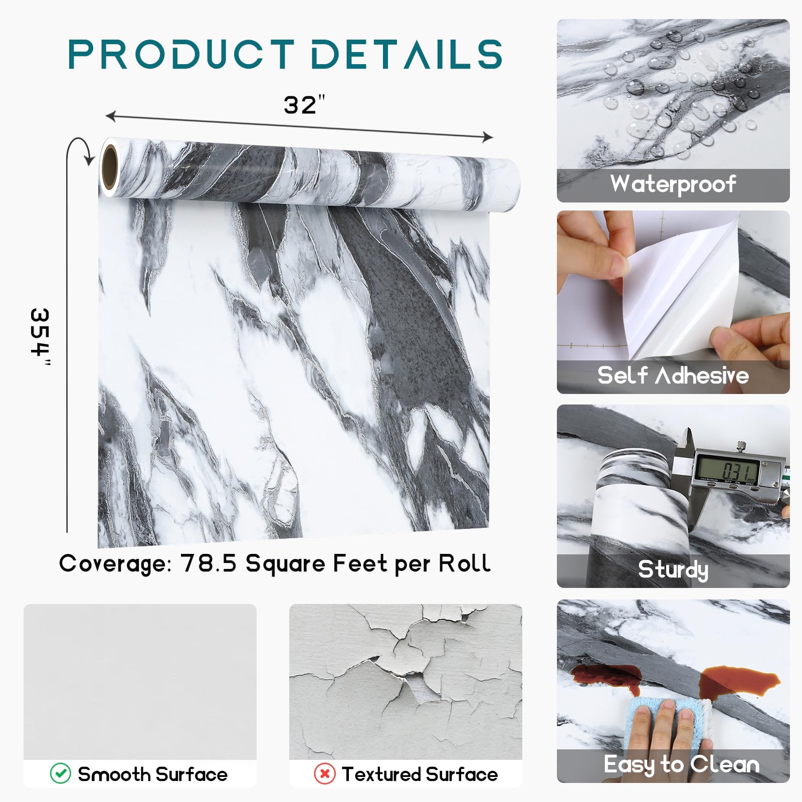 VEELIKE Papel de contacto de mármol líquido blanco y negro de 354 x 32 pulgadas de ancho, para encimeras de despegar y pegar, papel tapiz impermeable para cocina, baño, cubierta de encimera, papel