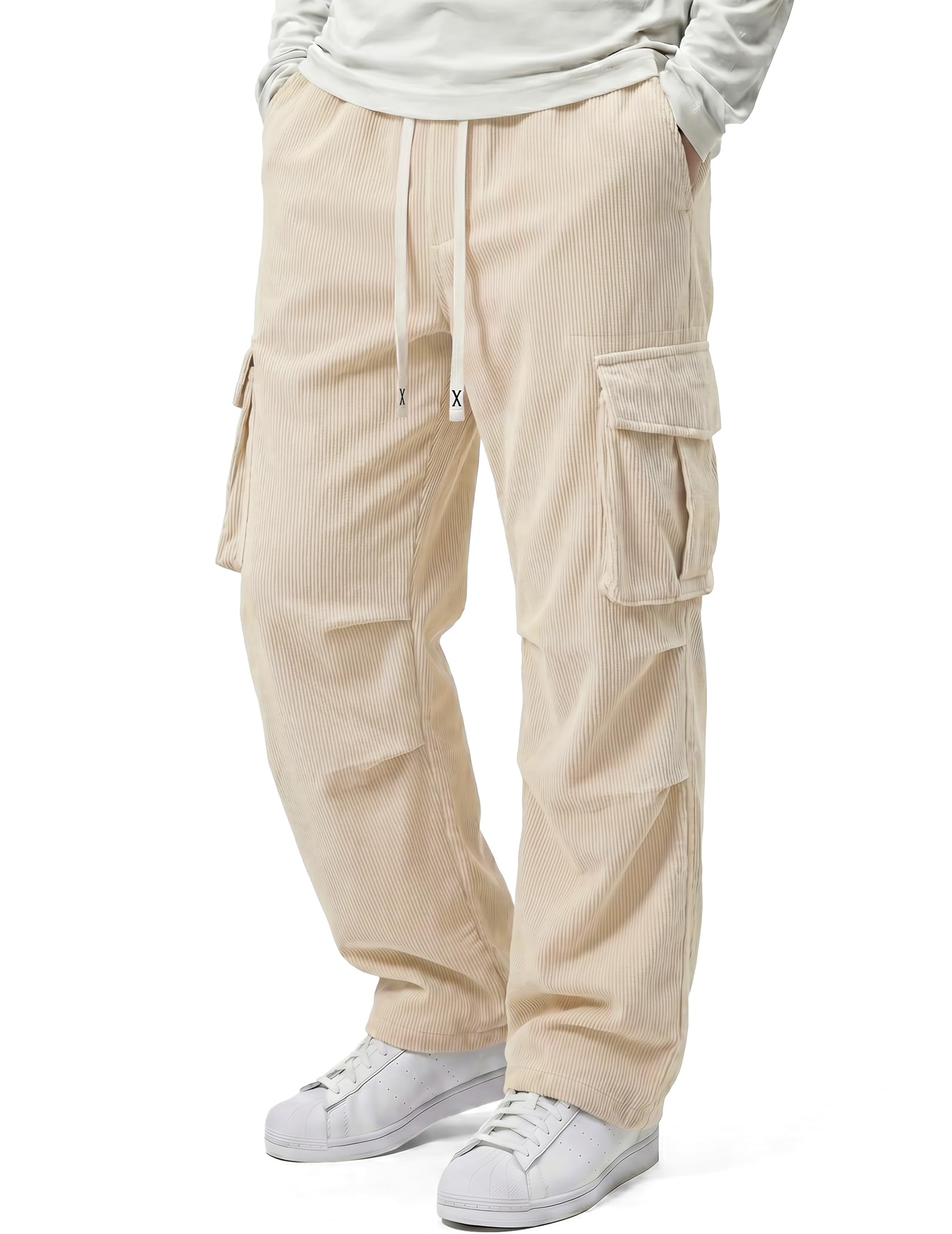 Mens Casual Corduroy Cargo Joggers Pants Baggy Tapered Sweatpants