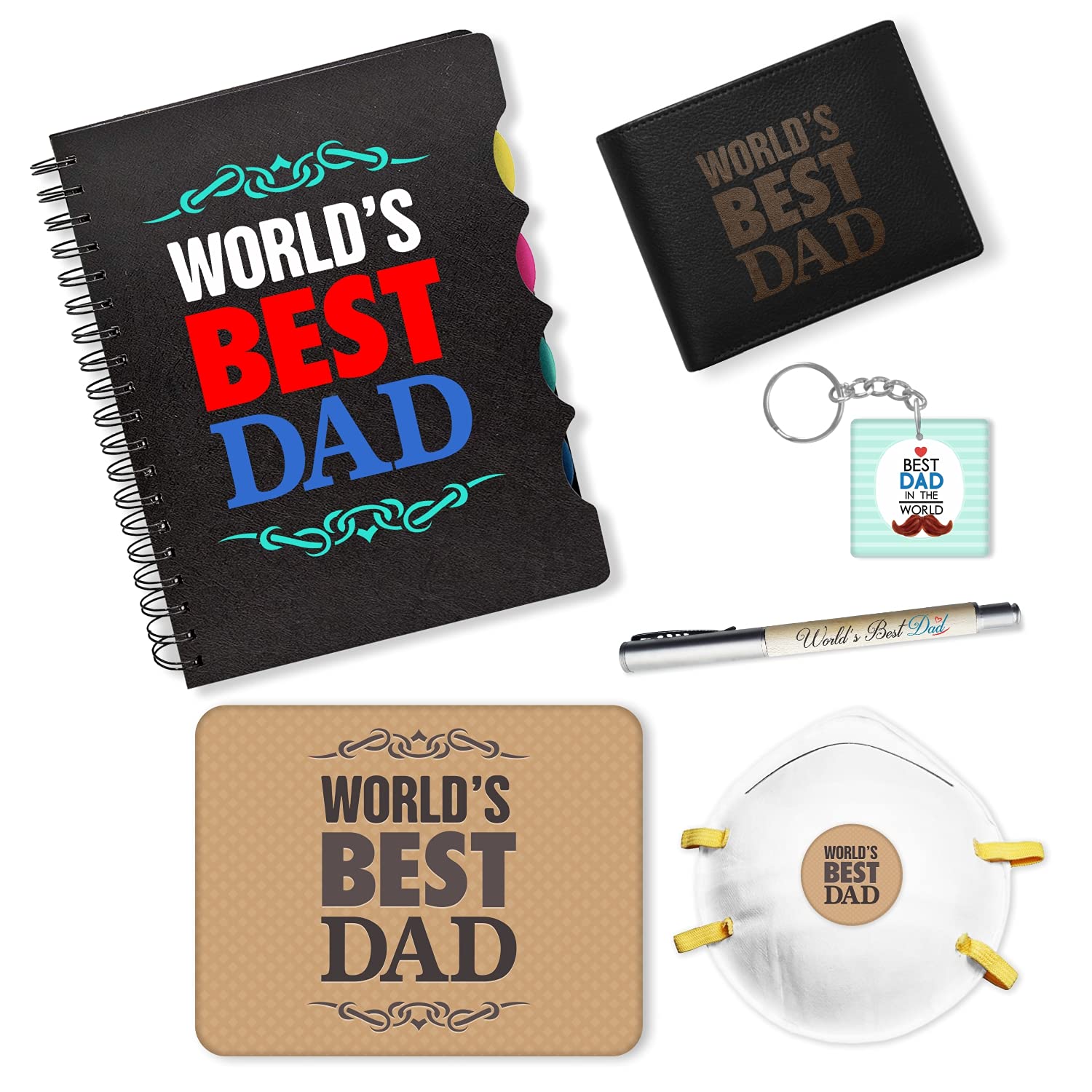 TheYaYaCafe Fathers Day Gift Combo Engraved Leather Wallet, Keychain, Notebook, Pen Mousepad, N95 Cup Mask set of 6 Hamper Combo for Worlds Best Dad (B095Y7CZRV) Amazon Price History, Amazon Price Tracker