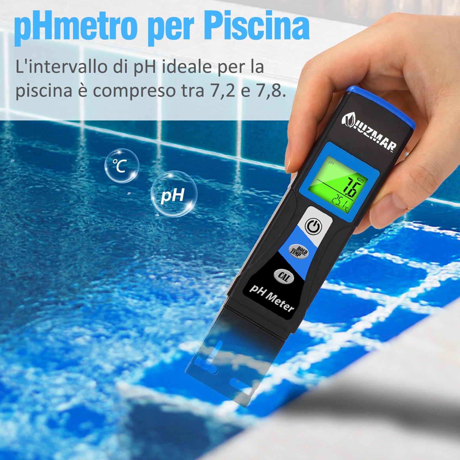 UIUZMAR Misuratore pH Piscina, Misura pH e Temperatura dell'acqua, pHmetro Acquario, Misuratore pH Elettronico per Jacuzzi, Acquario, Spa, Acqua Potabile, Idroponica